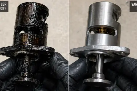 Comparaison d'une vanne EGR encrassée, couverte de suie noire, et d'une vanne EGR propre, brillante et métallique.