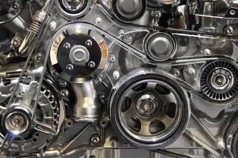 Détail mécanique d'un moteur, avec la courroie de distribution d'un C4 Picasso bien visible, entourée de poulies chromées.