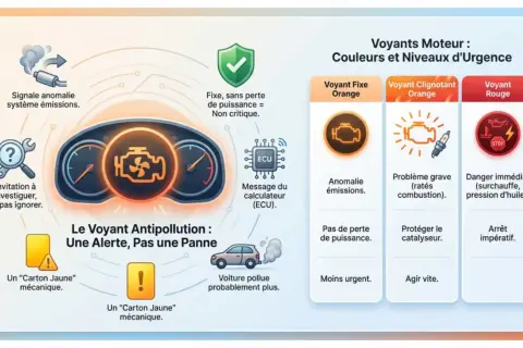 Le voyant antipollution s'allume : orange fixe pour une anomalie d'émissions, clignotant pour un problème grave, rouge pour un danger immédiat. Agir vite pour préserver l'environnement.