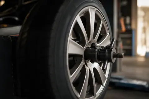 Roue de voiture sur une machine pour l'équilibrage des pneus. Un technicien ajuste l'appareil pour un équilibrage parfait.