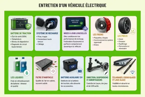 Entretien d'un véhicule électrique : batterie, recharge, freins, pneus, liquides, filtre, etc. La vidange voiture électrique concerne les fluides.