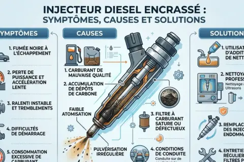 Schéma illustrant les symptômes d'un injecteur encrassé diesel : fumée noire, perte de puissance, ralenti instable, difficultés de démarrage, consommation excessive. Causes : carburant de mauvaise qualité, dépôts de carbone, filtre saturé. Solutions : ...