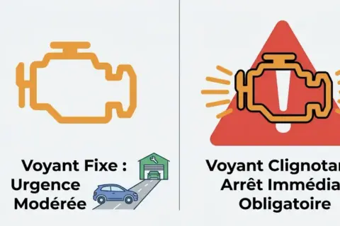 Voyant moteur allumé fixe : urgence modérée, possible perte de puissance. Voyant clignotant : arrêt immédiat, risque de panne.