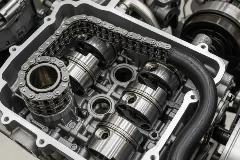 Vue rapprochée d'un moteur TCE 130, montrant la chaîne de distribution et les pistons. Ce moteur utilise une chaîne, pas une courroie.