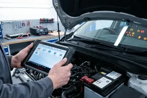 Mécanicien utilisant une tablette pour réinitialiser voiture après changement batterie. Tableau de bord allumé.