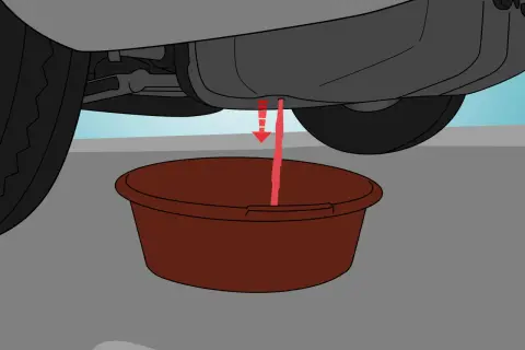 Liquide rouge coule du réservoir d'une voiture dans un bac. Illustration de comment vider un réservoir de voiture.