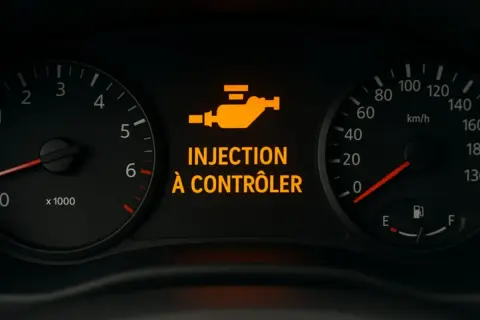 Tableau de bord d'une Mégane 3 avec le voyant "INJECTION À CONTRÔLER" allumé, signalant un problème potentiel.