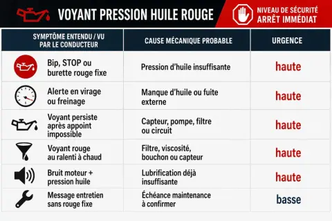 Tableau expliquant les causes et urgences du voyant huile rouge qui s'allume et s'éteint.
