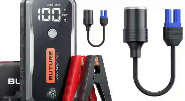 Booster de batterie avec pinces rouges et noires, et câbles pour savoir comment recharger un booster de batterie.