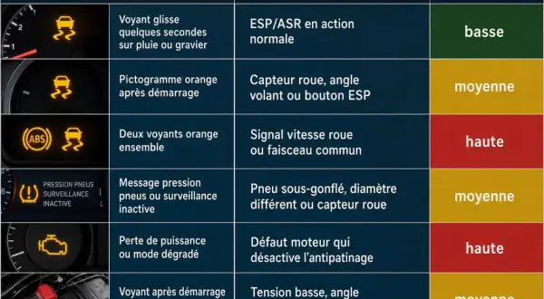 Tableau des voyants de voiture : voyant glisse sur pluie, pictogramme orange, ABS, pression pneus, perte de puissance, démarrage difficile.