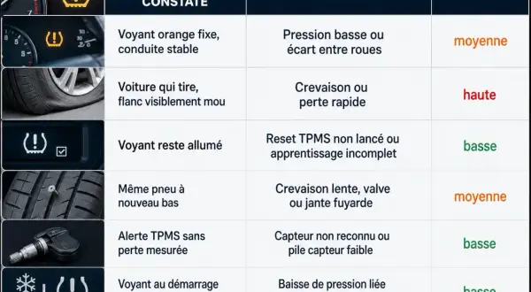 Tableau des symptômes de pression des pneus. Aide à diagnostiquer les problèmes et à réinitialiser la pression des pneus.