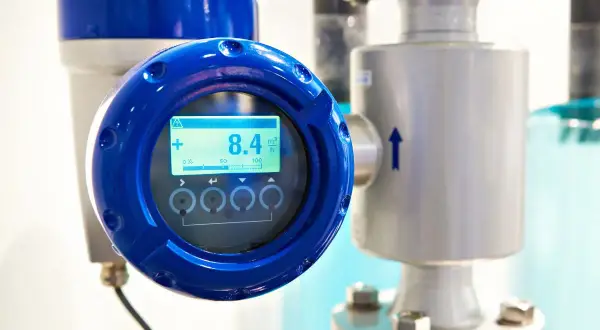 Débitmètre industriel avec écran affichant 8.4 m³/h. Un guide sur comment nettoyer un débitmètre serait utile pour maintenir cette précision.