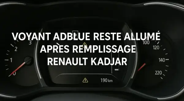 Voyant AdBlue allumé sur Renault Kadjar après remplissage. Le tableau de bord affiche le message et une autonomie restante.