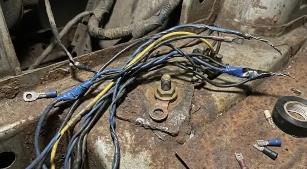Faisceau de fils de voiture rouillé, un symptôme de mauvaise masse. Connexions électriques bricolées sur une surface corrodée.