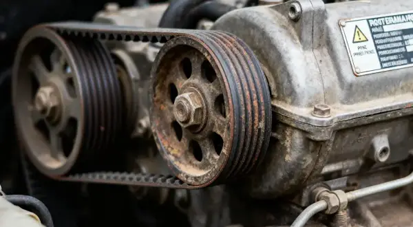 Détail d'un moteur de voiture montrant une courroie d'accessoire usée, rouillée et craquelée, tendue entre deux poulies.