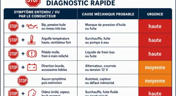Tableau de diagnostic rapide pour voyant STOP rouge : une odeur de brûlé, vapeur ou bruit anormal peut indiquer une surchauffe, une fuite fluide ou un court-circuit de la voiture.