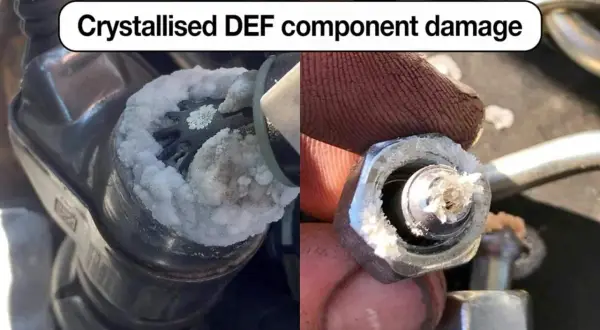 Gros plan sur un injecteur AdBlue bouché par des cristaux blancs. Le DEF cristallisé endommage les composants.
