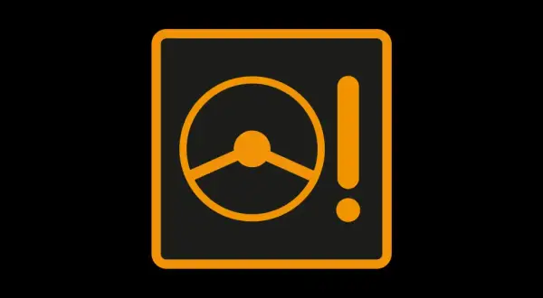 Voyant frein orange : le volant et le point d'exclamation indiquent un problème avec le système de freinage ou de direction assistée.
