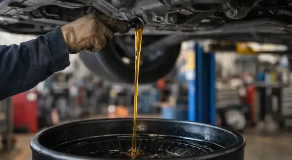 Vidange d'huile moteur d'un véhicule diesel, probablement à 30 000 km. L'huile usagée s'écoule dans un bac de récupération.