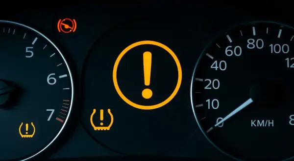 Tableau de bord avec voyant moteur point d'exclamation allumé, signalant un problème. Le témoin de pression des pneus est aussi actif.