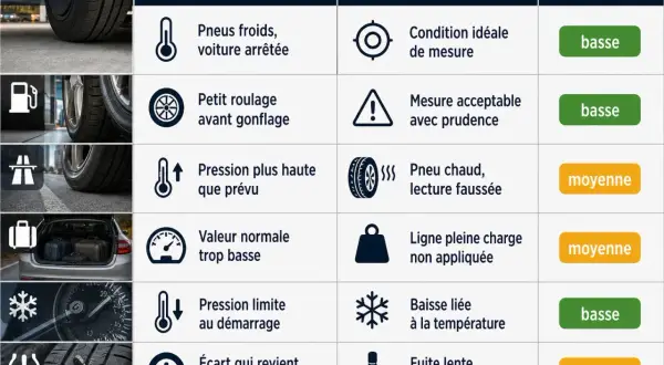 Tableau des symptômes et causes de pression pneu été : Pneus froids, mesure acceptable, pneu chaud, ligne pleine charge, baisse liée à la température, fuite lente.