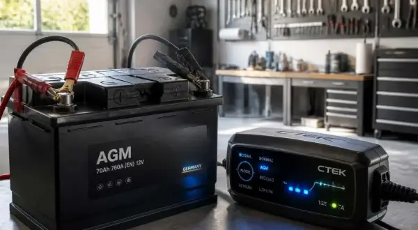 Une batterie de voiture AGM est connectée à un chargeur CTEK. La question est : peut-on charger une batterie de voiture sans la débrancher ?