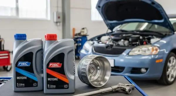 Huile moteur 5W40 diesel : combien de km avec ces bidons FISC ? Un filtre à huile et une clé sont prêts pour le changement sur la voiture bleue.