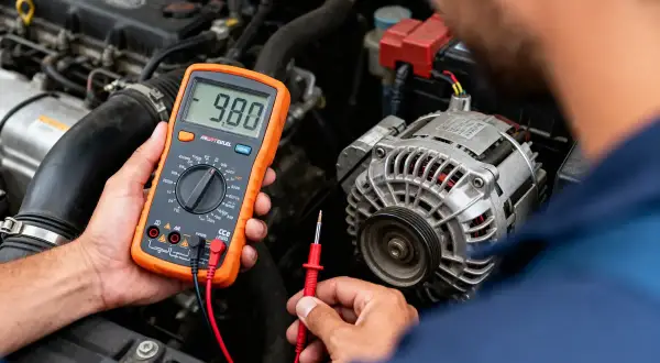 Un mécanicien utilise un multimètre pour tester le système électrique d'une voiture, aidant à déterminer comment savoir si c'est la batterie ou l'alternateur qui pose problème.