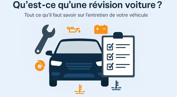 Illustration d'une voiture avec des icônes de mécanique (clé, huile, batterie, thermomètre). Une liste de contrôle est à côté. Idéal pour savoir quand faire la révision de sa voiture.