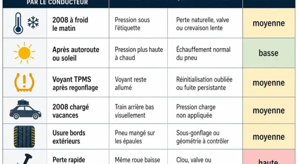 Tableau des symptômes de pression pneu 2008 : froid, soleil, voyant TPMS, vacances, usure, perte rapide. Causes et urgence associées.