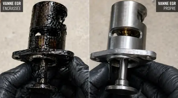 Comparaison d'une vanne EGR encrassée, couverte de suie noire, et d'une vanne EGR propre, brillante et métallique.