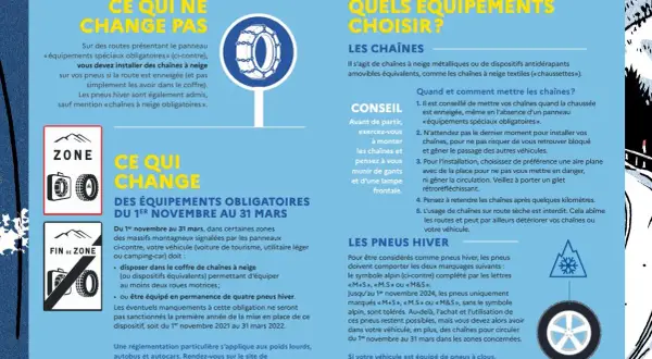 Pneus hiver obligatoires du 1er nov au 31 mars. Les chaînes sont une alternative. Vérifiez la date de validité de vos équipements.