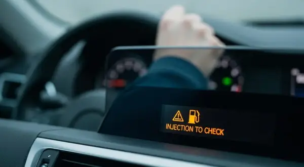 Tableau de bord d'une voiture avec un voyant orange "INJECTION TO CHECK". Peut-on rouler avec ce message ?