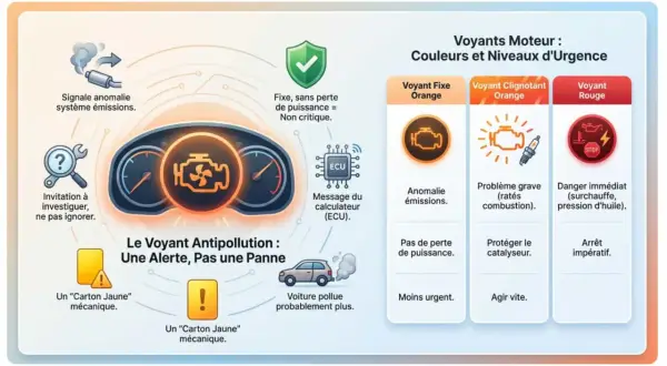 Le voyant antipollution s'allume : orange fixe pour une anomalie d'émissions, clignotant pour un problème grave, rouge pour un danger immédiat. Agir vite pour préserver l'environnement.