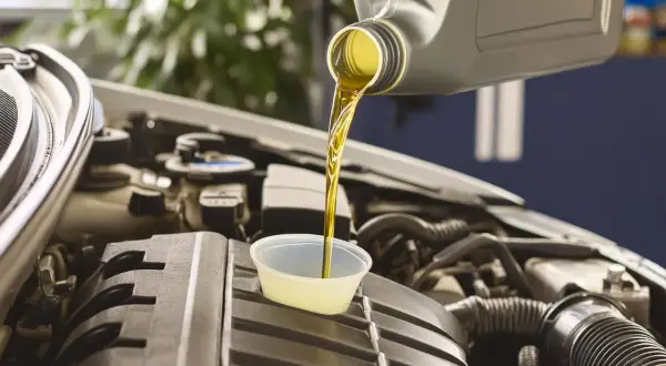Vidange 208 essence : de l'huile neuve est versée dans un petit récipient sur le moteur d'une voiture.