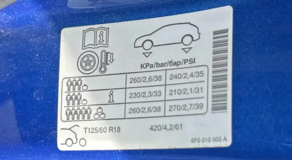 Étiquette de pression pneu polo 5. Indique les pressions recommandées pour différentes charges, en bar et PSI.