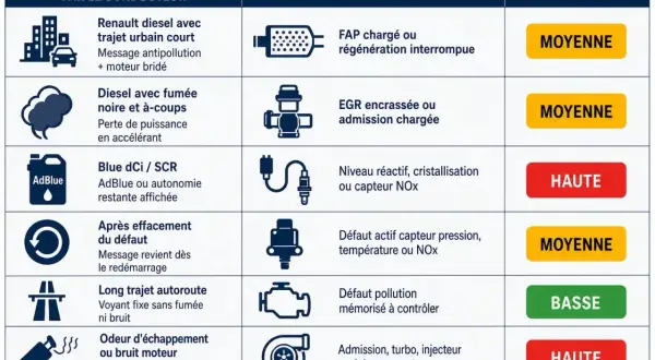 Tableau des symptômes et causes probables de problème démarrage voiture diesel : FAP, EGR, AdBlue, capteurs, admission, turbo, échappement. Urgence variable.