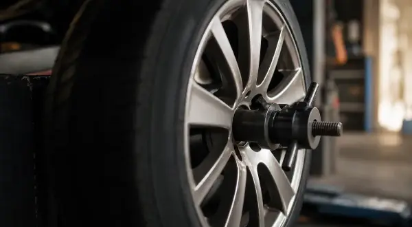 Roue de voiture sur une machine pour l'équilibrage des pneus. Un technicien ajuste l'appareil pour un équilibrage parfait.
