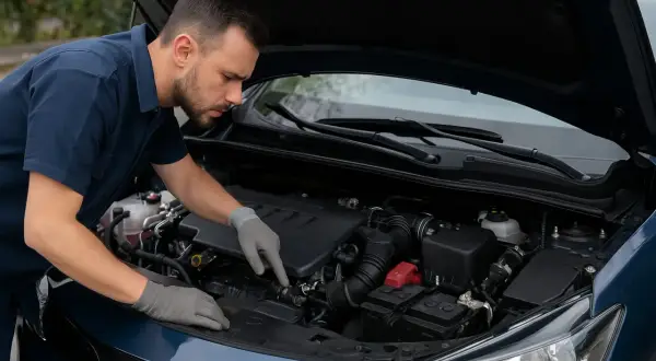 Mécanicien inspectant un moteur. Si votre véhicule a un défaut moteur, faites réparer le véhicule sans perte de puissance.