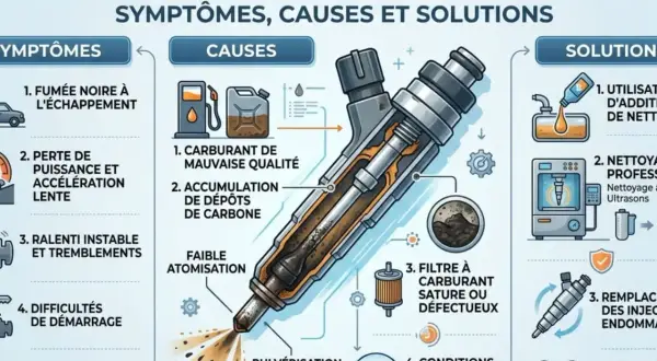 Schéma illustrant les symptômes d'un injecteur encrassé diesel : fumée noire, perte de puissance, ralenti instable, difficultés de démarrage, consommation excessive. Causes : carburant de mauvaise qualité, dépôts de carbone, filtre saturé. Solutions : ...