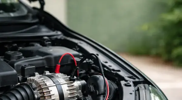 Diagnostic d'un panne alternateur symptôme : un alternateur de voiture avec des câbles de test connectés.