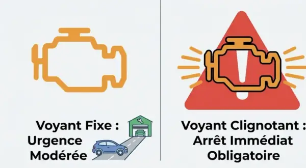 Voyant moteur allumé fixe : urgence modérée, possible perte de puissance. Voyant clignotant : arrêt immédiat, risque de panne.