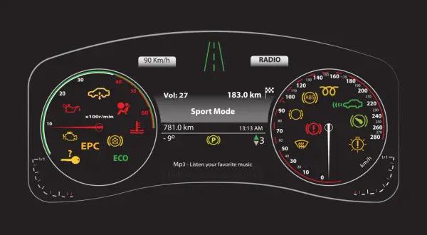 Tableau de bord de voiture affichant des symboles d'alerte, la vitesse, le mode Sport et des informations sur la musique. Le niveau de liquide est indiqué par un symbole.