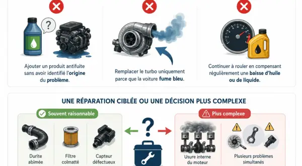 Un turbo qui fume bleu, une erreur fréquente. Une réparation ciblée est souvent raisonnable pour une durite abîmée, un filtre colmaté ou un capteur défectueux.
