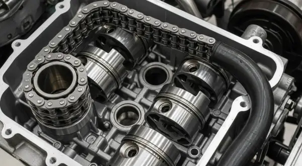 Vue rapprochée d'un moteur TCE 130, montrant la chaîne de distribution et les pistons. Ce moteur utilise une chaîne, pas une courroie.