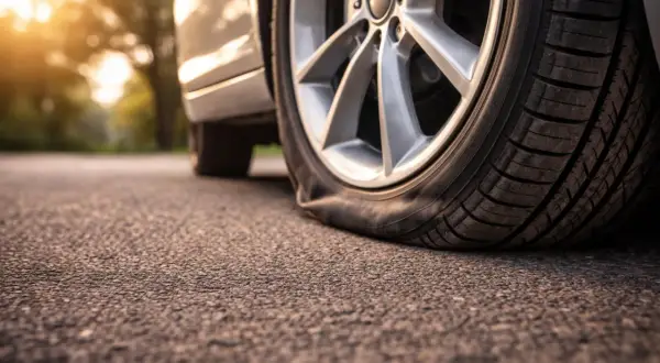 Gros plan sur une roue de voiture avec un pneu qui se dégonfle lentement sur la route, sous un soleil couchant.
