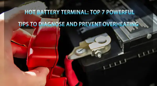 Main d'une personne tenant un cache rouge sur une borne de batterie de voiture, suggérant une batterie qui chauffe. Conseils pour diagnostiquer et prévenir la surchauffe.