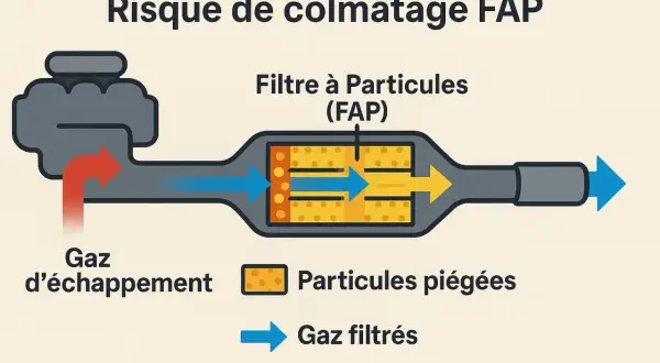 Schéma montrant le **risque de colmatage du filtre à particules** (FAP) par les gaz d'échappement. Les particules sont piégées, les gaz filtrés sortent.