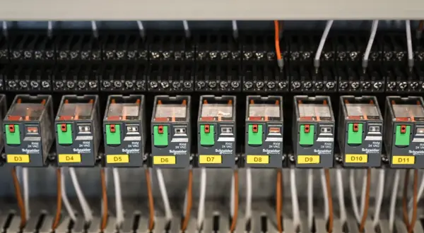 Relais industriels Schneider Electric, numérotés D3 à D11. Un bruit de démarreur HS pourrait provenir de l'un de ces composants.