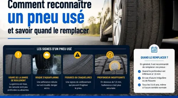 Les pneus usés, avec leur gomme lisse et leurs rainures peu profondes, indiquent un risque accru d'aquaplaning et une adhérence réduite. Vérifiez leur profondeur pour votre sécurité.